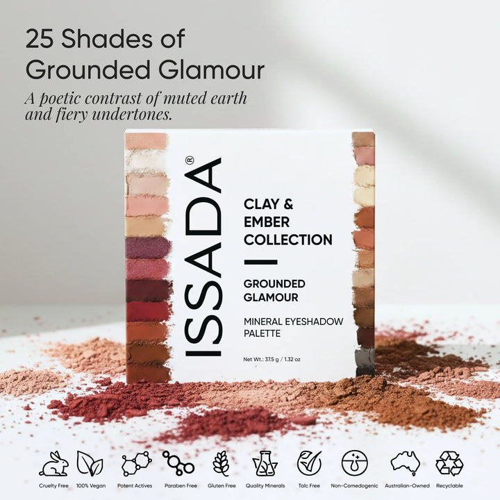 ISSADA Clay & Ember Collection Mineral Eyeshadow palette with 25 grounded glamour shades inspired by earthy clay and ember tones