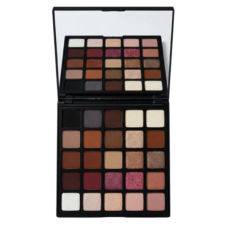 ISSADA Clay & Ember Mineral Eyeshadow palette with mirror showing 25 shade earthy clay and ember inspired colours