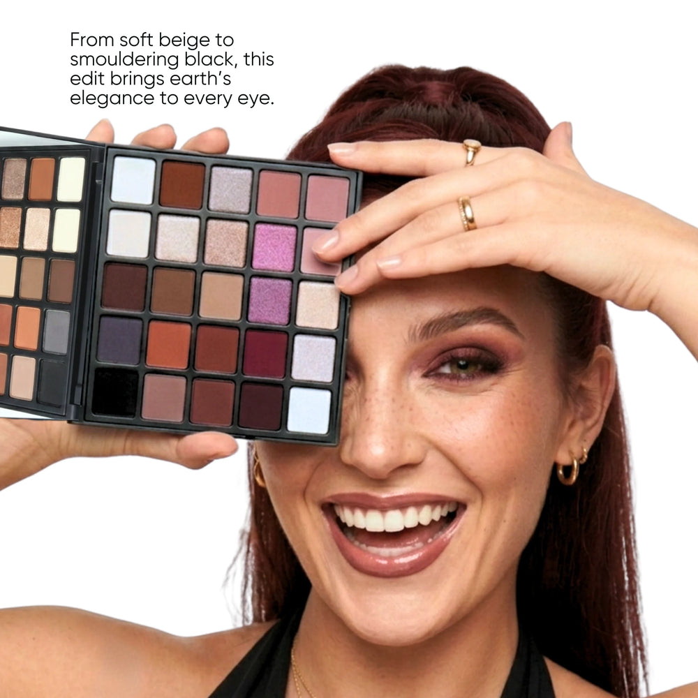 Model holding ISSADA Clay & Ember Mineral Eyeshadow palette showcasing warm earthy eye makeup look