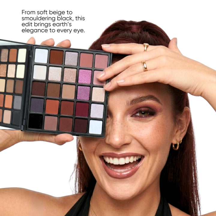 Model holding ISSADA Clay & Ember Mineral Eyeshadow palette showcasing warm earthy eye makeup look