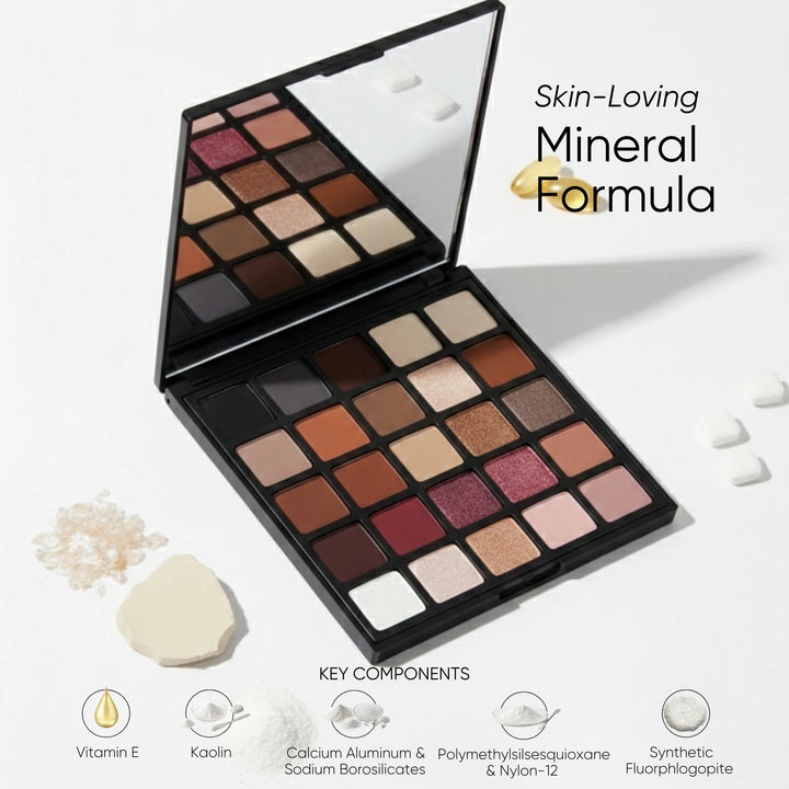 ISSADA Clay & Ember Mineral Eyeshadow palette featuring skin loving formula with vitamin E kaolin and mineral pigments