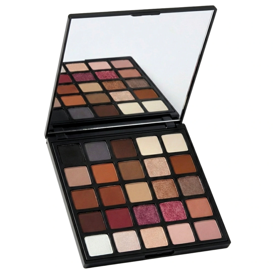 ISSADA Clay & Ember Mineral Eyeshadow palette open displaying 25 earthy neutral and ember toned shades