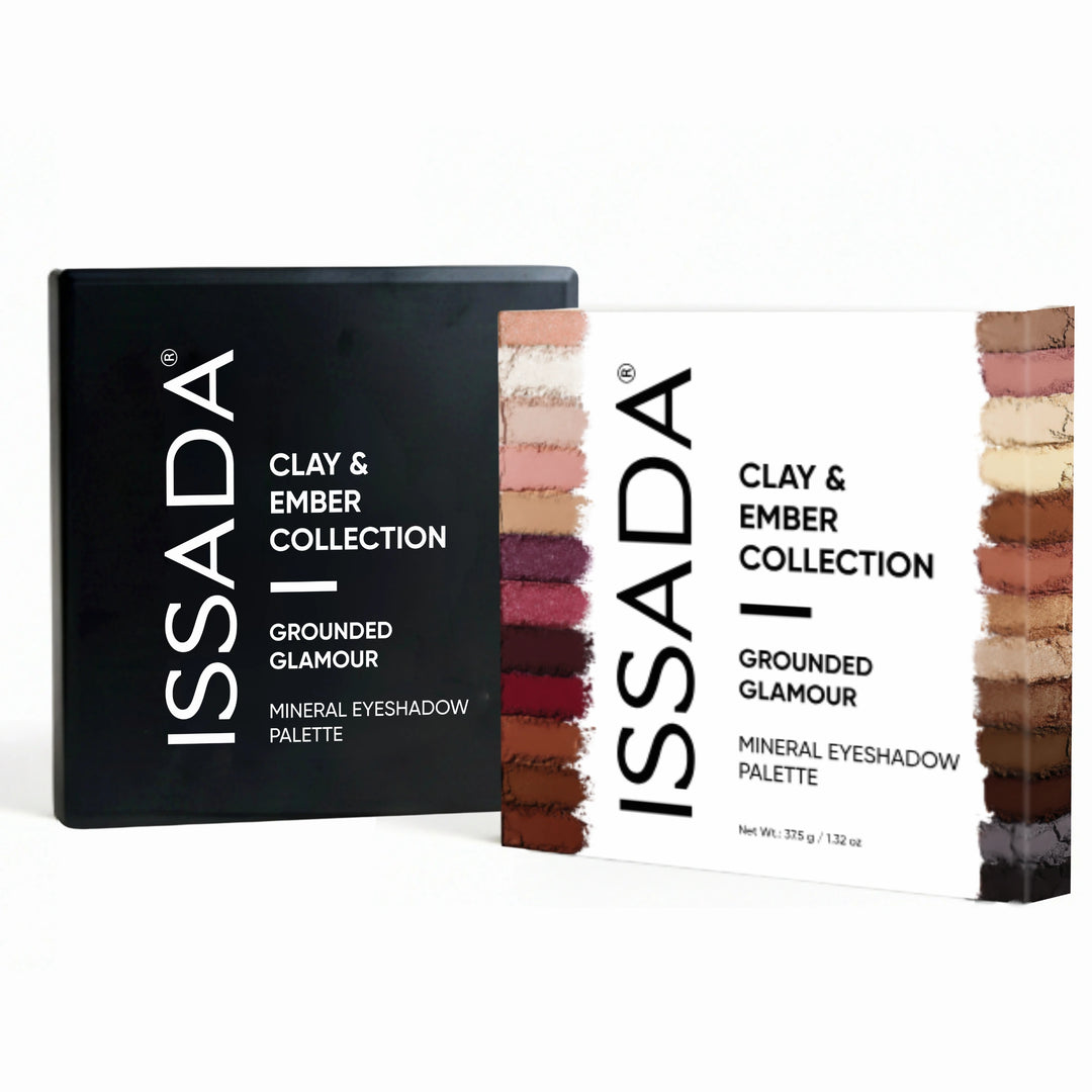 ISSADA Clay & Ember Collection Mineral Eyeshadow palette packaging with grounded glamour earthy shade swatches