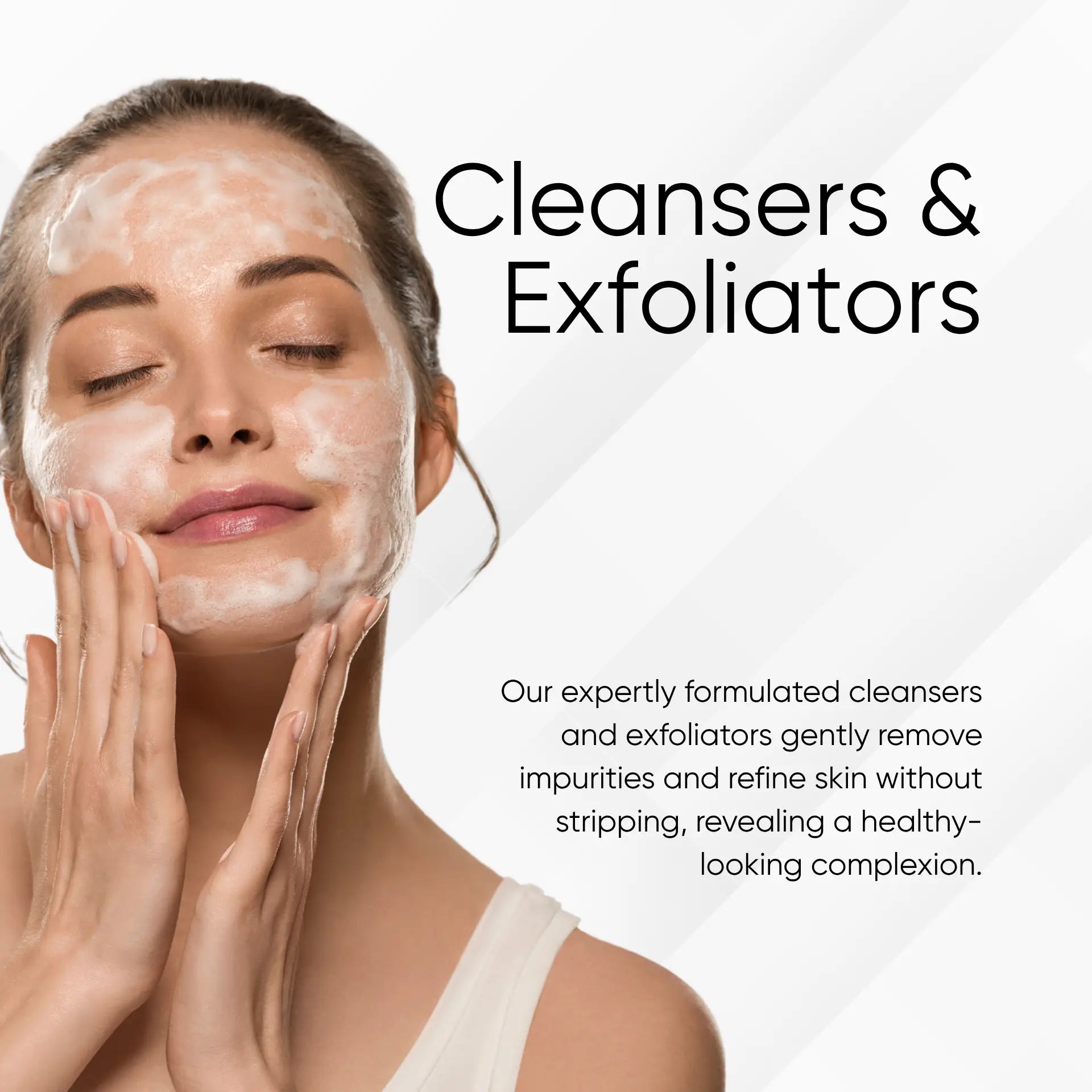Woman applying facial cleanser with text about skincare products on a white background