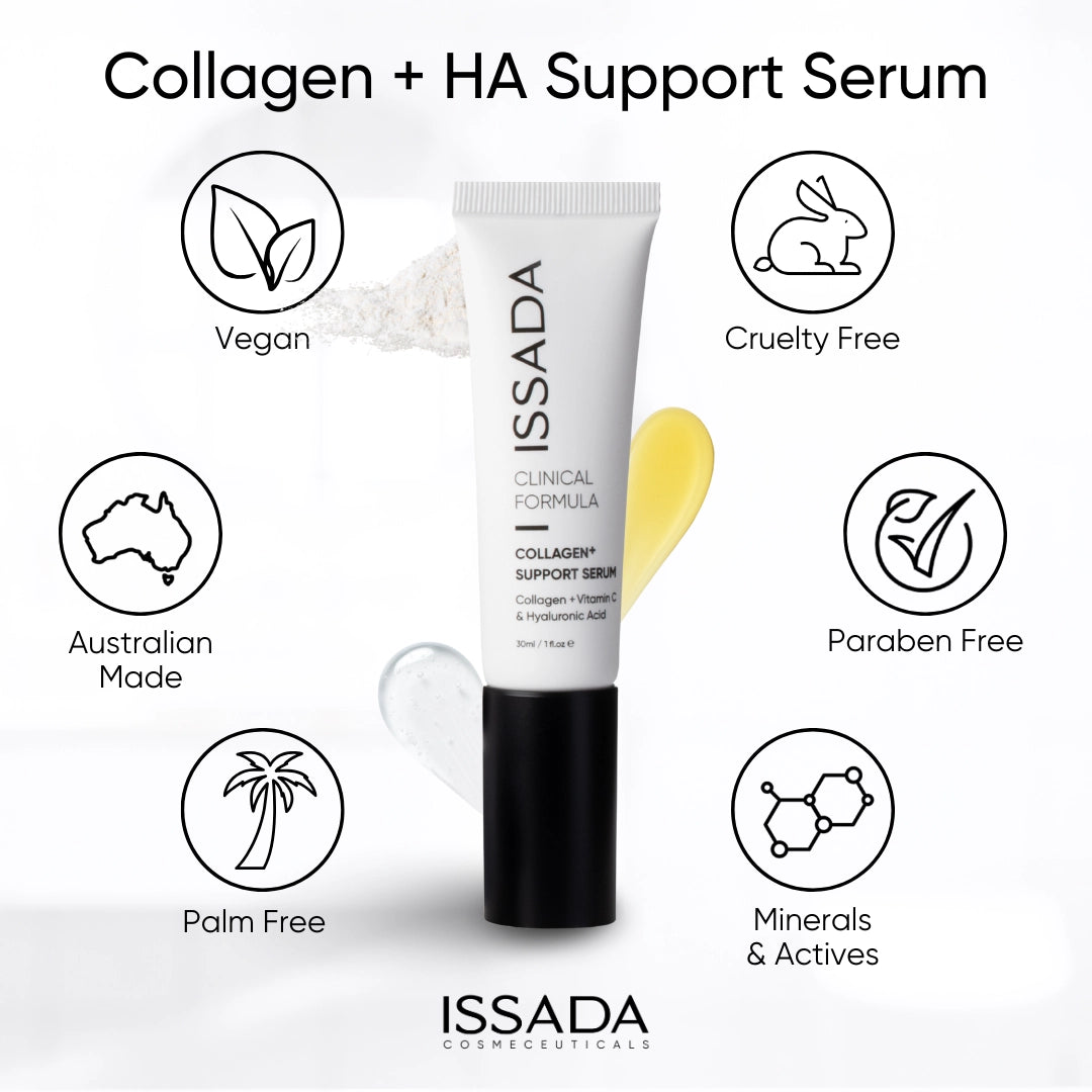 Issada Collagen+ HA Support Serum displayed with icons showing it is vegan cruelty free paraben free palm free Australian made and formulated with minerals and actives
