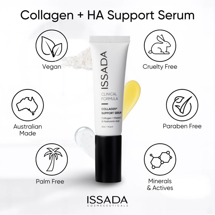 Issada Collagen+ HA Support Serum displayed with icons showing it is vegan cruelty free paraben free palm free Australian made and formulated with minerals and actives