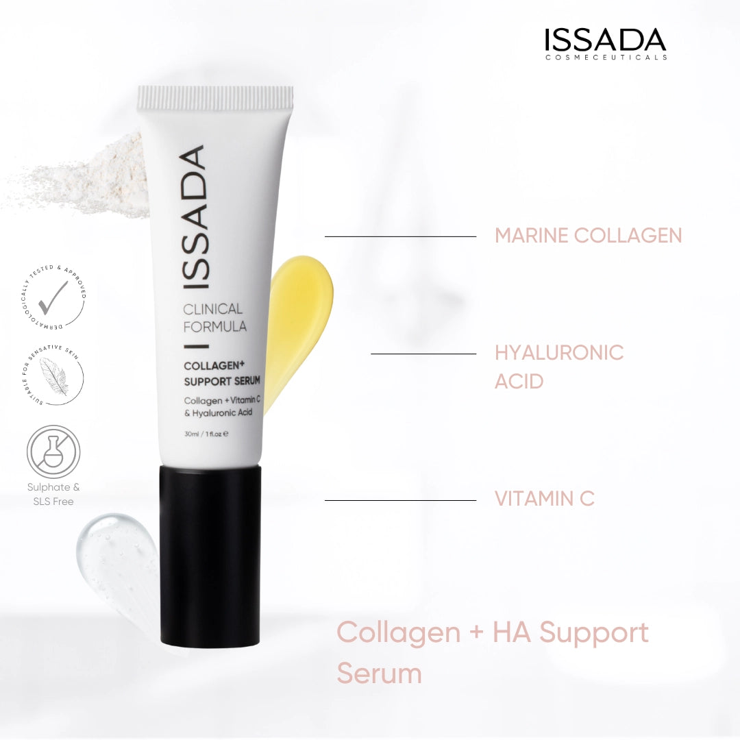 Issada Collagen+ HA Support Serum highlighting Marine Collagen Hyaluronic Acid and Vitamin C as its key ingredients for hydration and skin elasticity