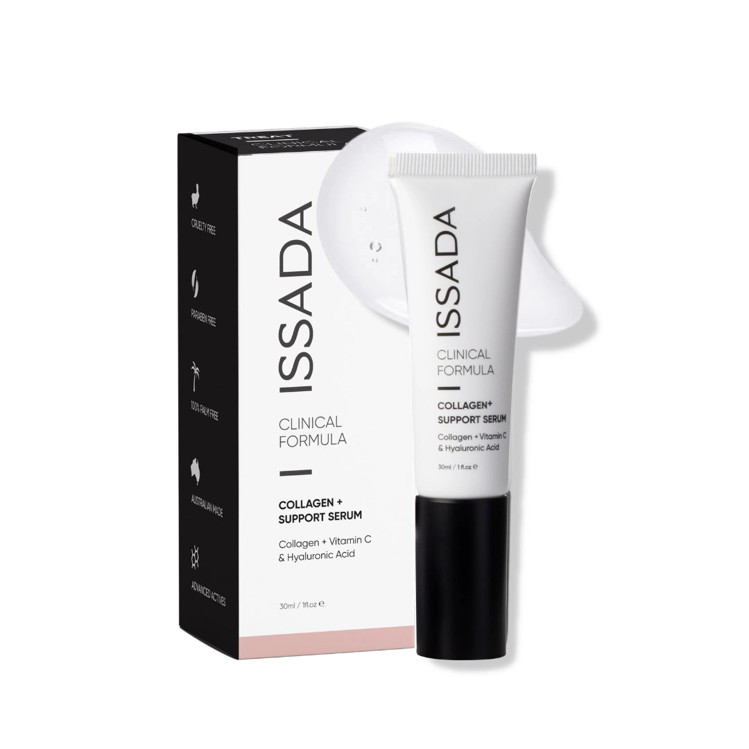 Issada Collagen+ Support Serum tube and packaging box with clear gel texture, highlighting its Collagen, Vitamin C, and Hyaluronic Acid blend for skin support.