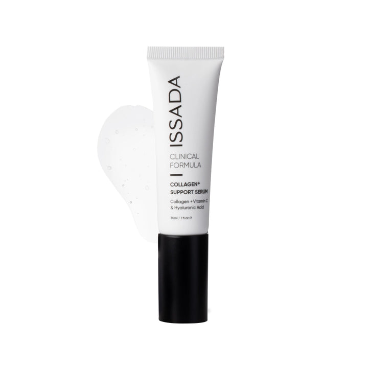 Issada Collagen+ Support Serum tube with a clear swatch of the lightweight gel formula, enriched with Collagen, Vitamin C, and Hyaluronic Acid for skin rejuvenation.