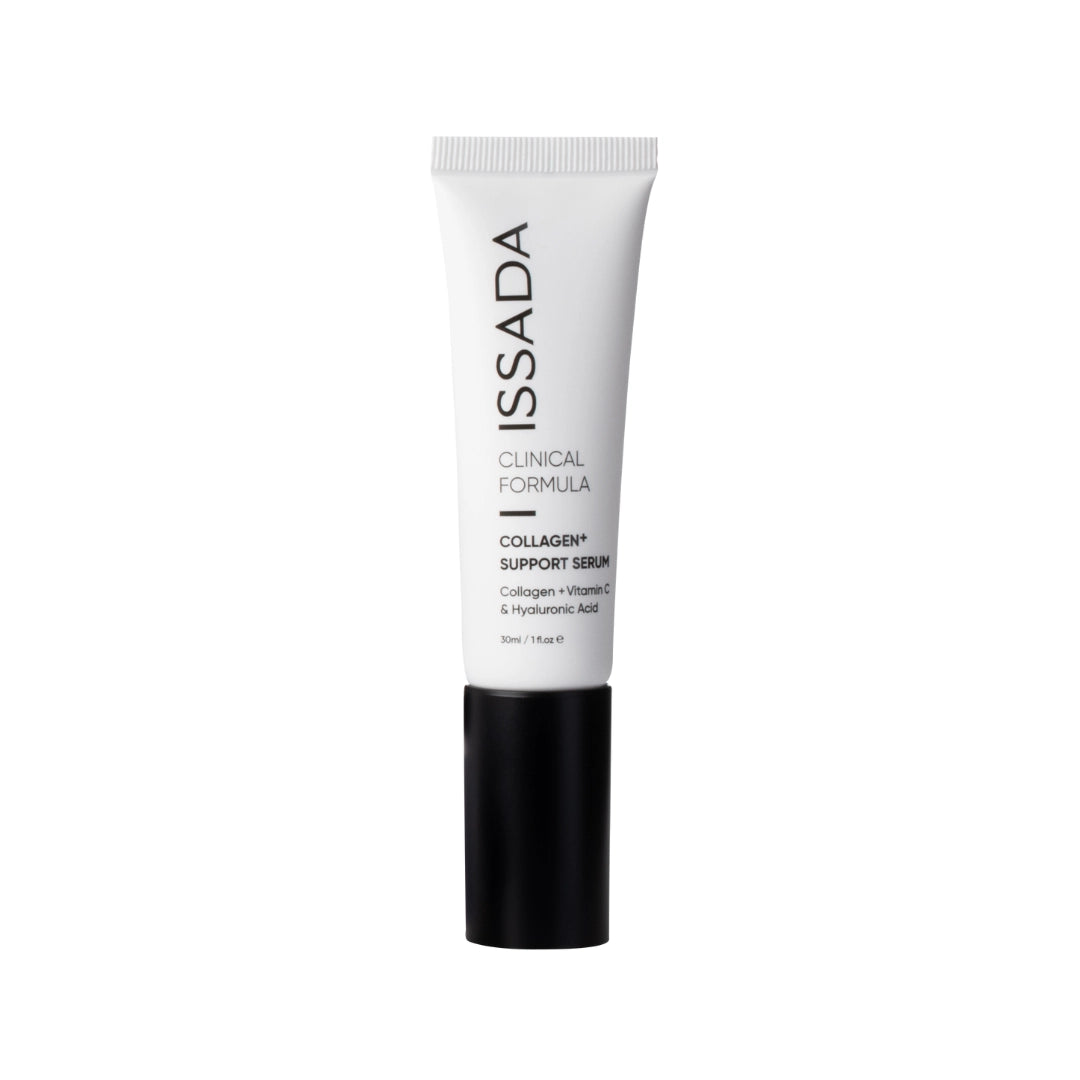 Issada Collagen+ Support Serum tube standing upright, featuring a sleek white and black design with Collagen, Vitamin C, and Hyaluronic Acid formula details.