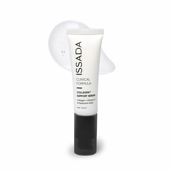 Close-up of ISSADA Collagen+ Support Serum tube featuring collagen, vitamin C, and hyaluronic acid for skin hydration, firmness, and radiance.