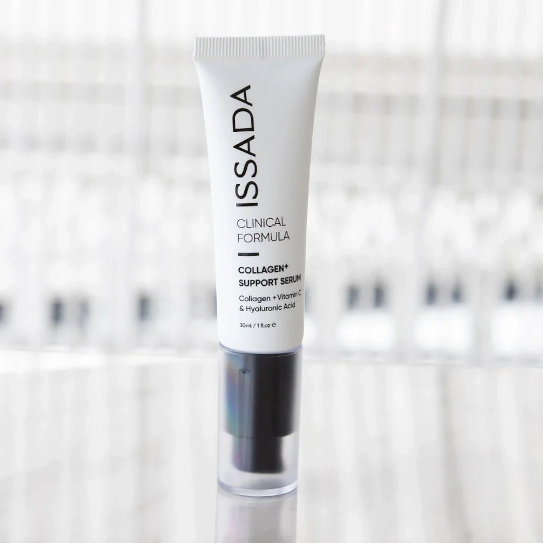 ISSADA Collagen+ Support Serum displayed on blurred background