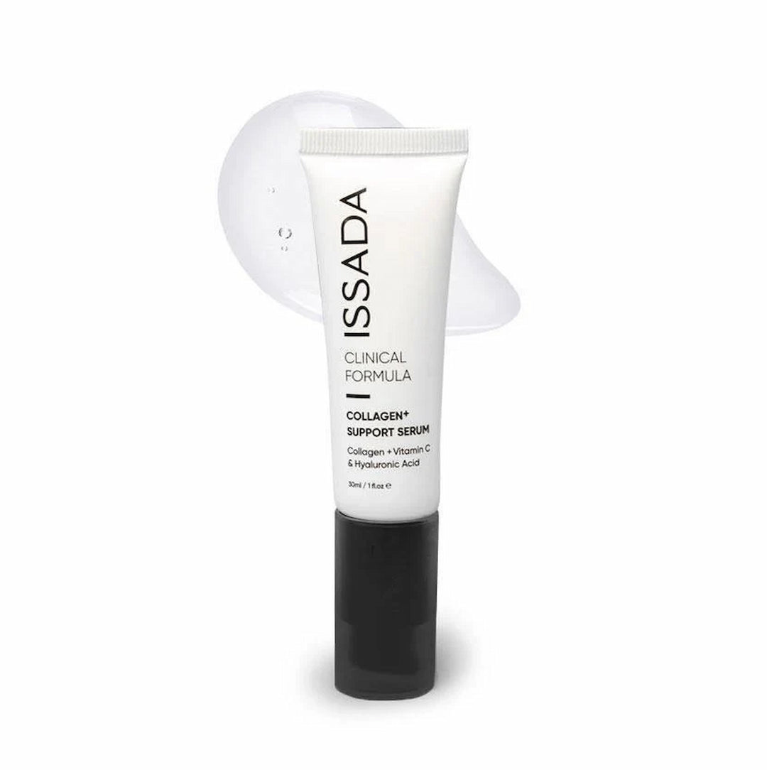 ISSADA Collagen+ Support Serum tube with swatch on a white background