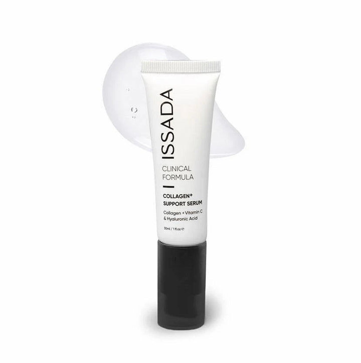 ISSADA Collagen+ Support Serum tube with swatch on a white background