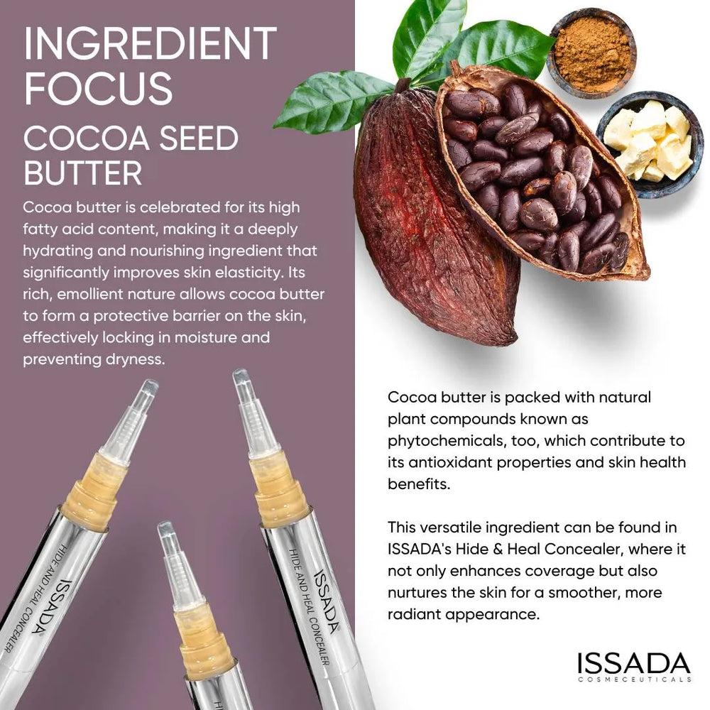 Issada Hide & Heal Concealer with cocoa seed butter benefits on a purple background