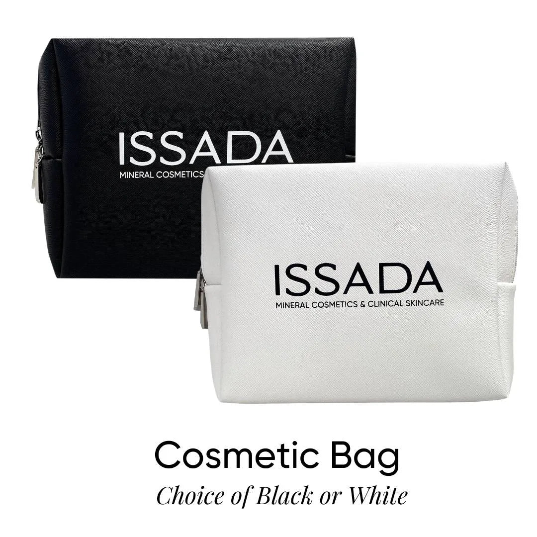 ISSADA cosmetic bags in black and white with zip closure, featuring the Issada Mineral Cosmetics & Clinical Skincare logo.