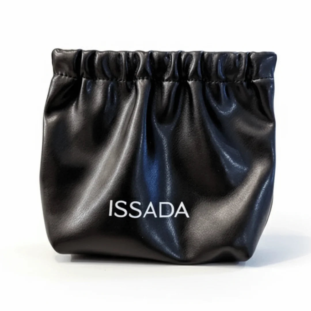 Issada Black Makeup Pouch – sleek cosmetic bag with white logo, ideal for organizing beauty products and travel essentials