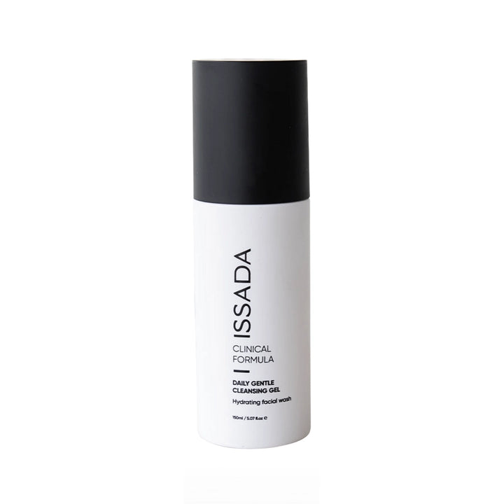 Issada Clinical Formula Daily Gentle Cleansing Gel — a hydrating facial wash in a sleek white and black bottle.