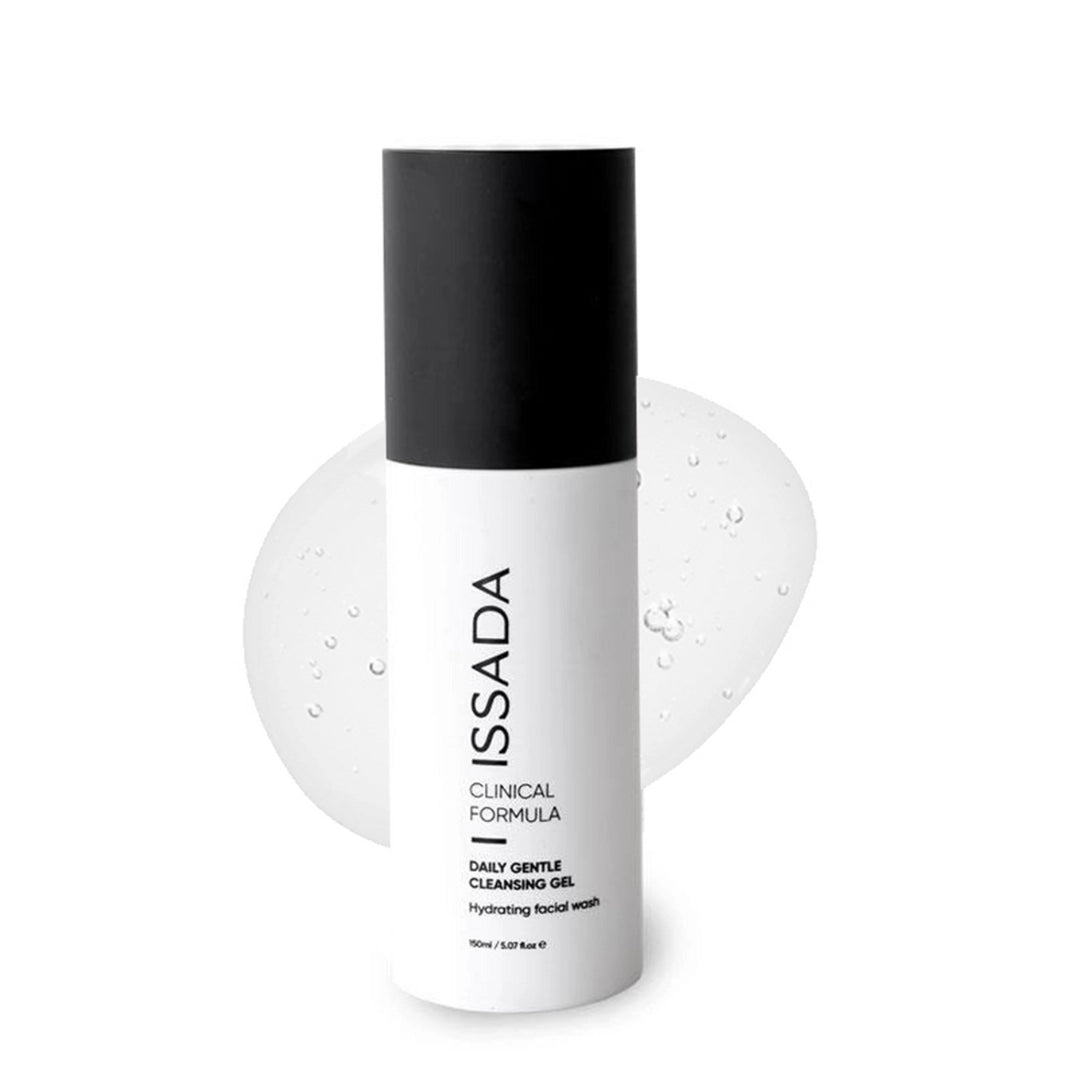 Issada Clinical Formula Daily Gentle Cleansing Gel with hydrating gel texture background — a lightweight foaming facial cleanser.