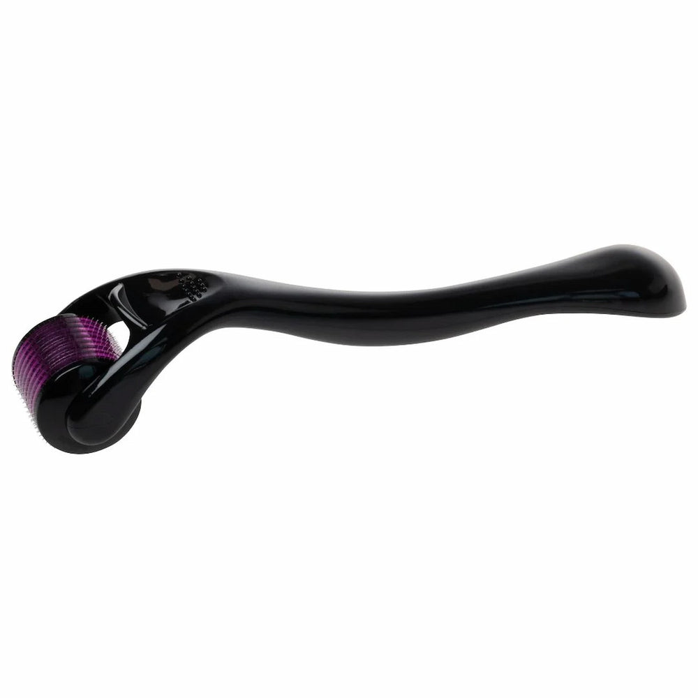Issada black derma roller with a long curved handle and purple micro-needle roller head.