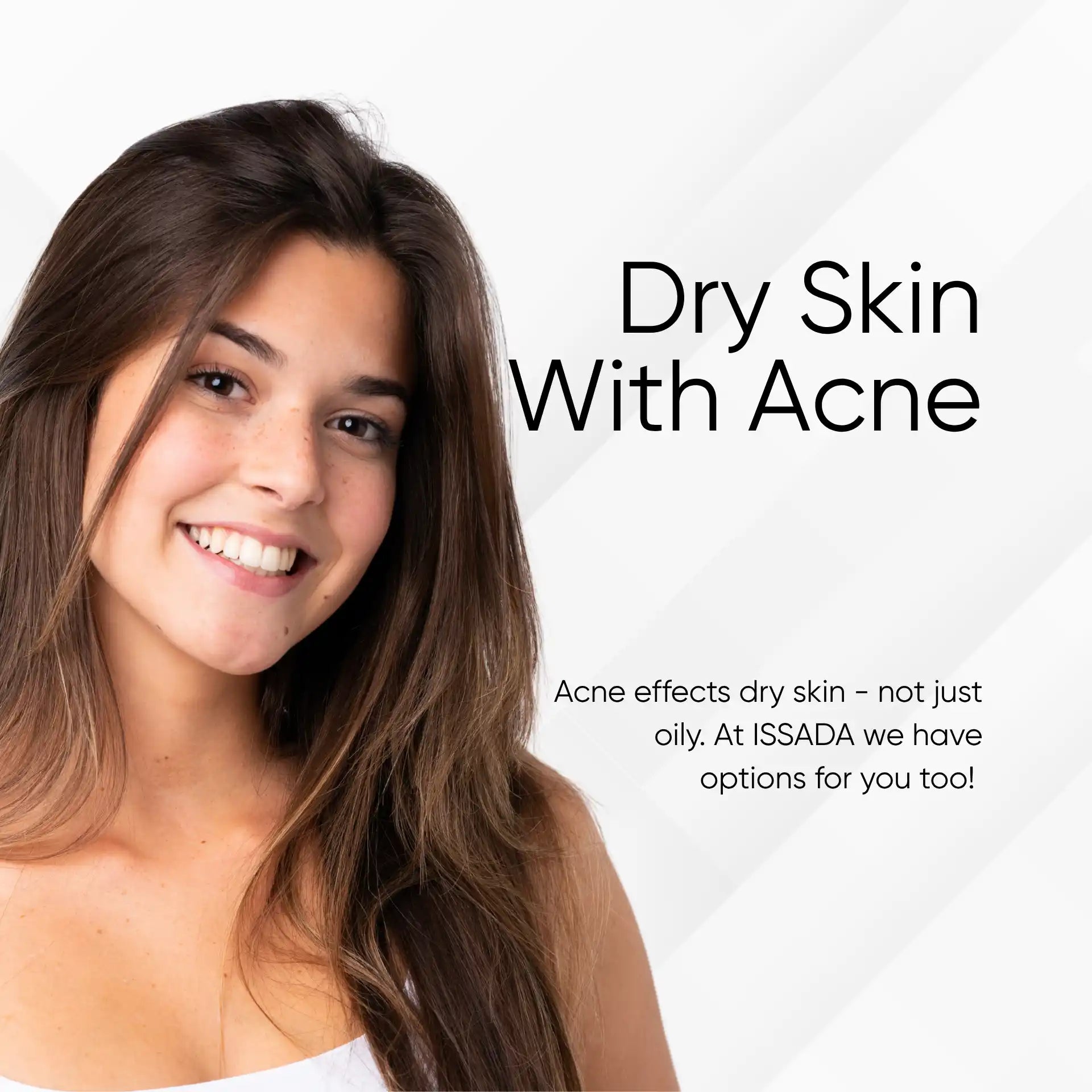 Smiling woman with clear skin on a white background with text about ISSADA.
