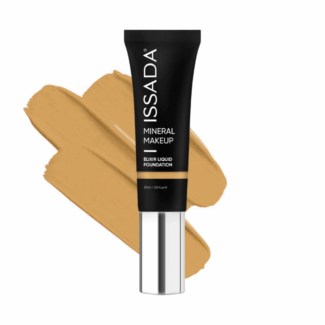 Issada Elixir Liquid Foundation 12 Warm - golden undertone foundation with hydrating satin finish on a white background