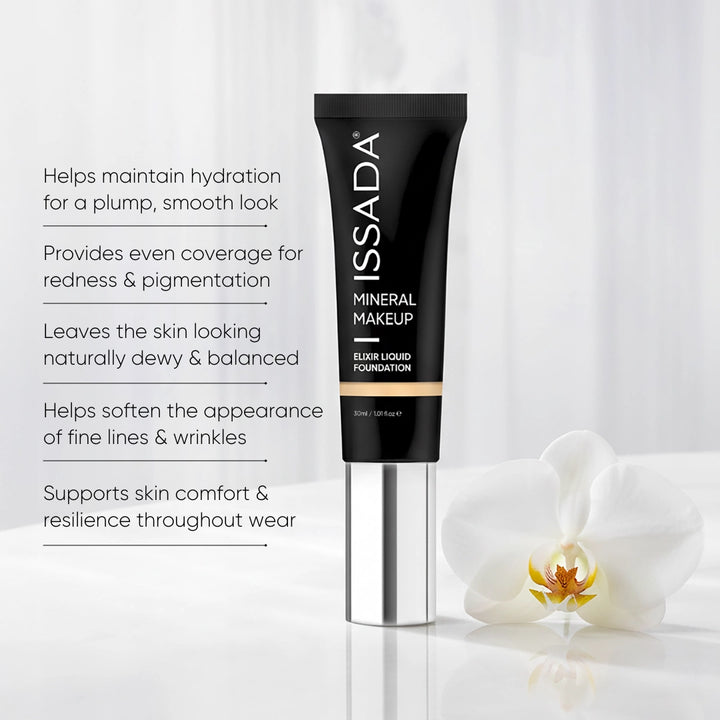Issada Elixir Liquid Foundation with key benefits and skin-hydrating features
