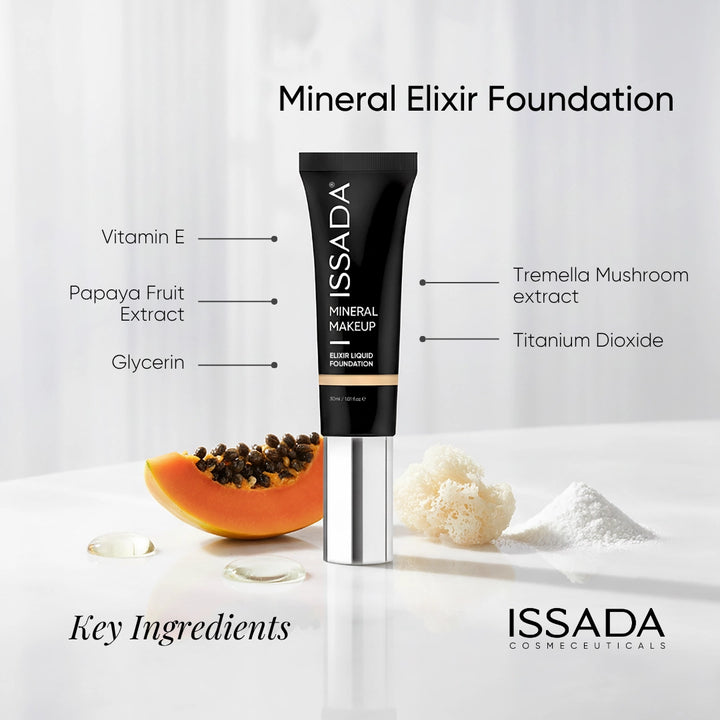 Issada Elixir Liquid Foundation with key ingredients Vitamin E, Papaya Extract, and Tremella Mushroom