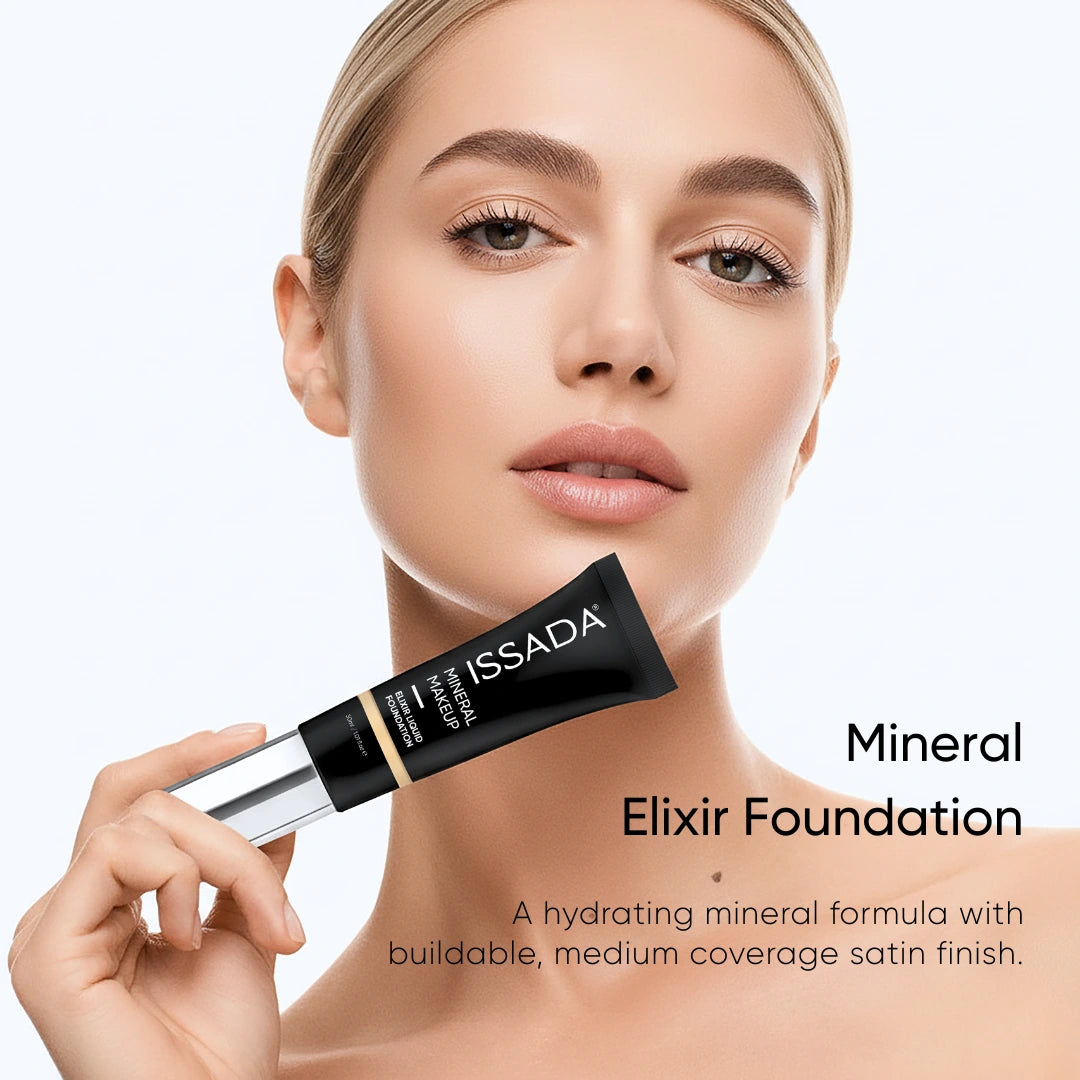 Issada Elixir Liquid Foundation on model showcasing natural satin finish