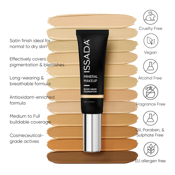 Issada Elixir Liquid Foundation shades with cruelty-free, vegan, and fragrance-free benefits