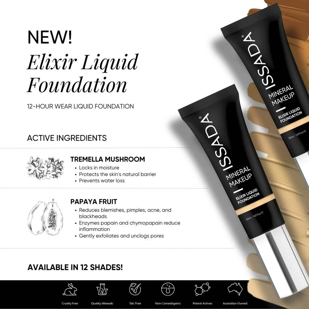 ISSADA Elixir Liquid Foundation packaging with product details on a white background
