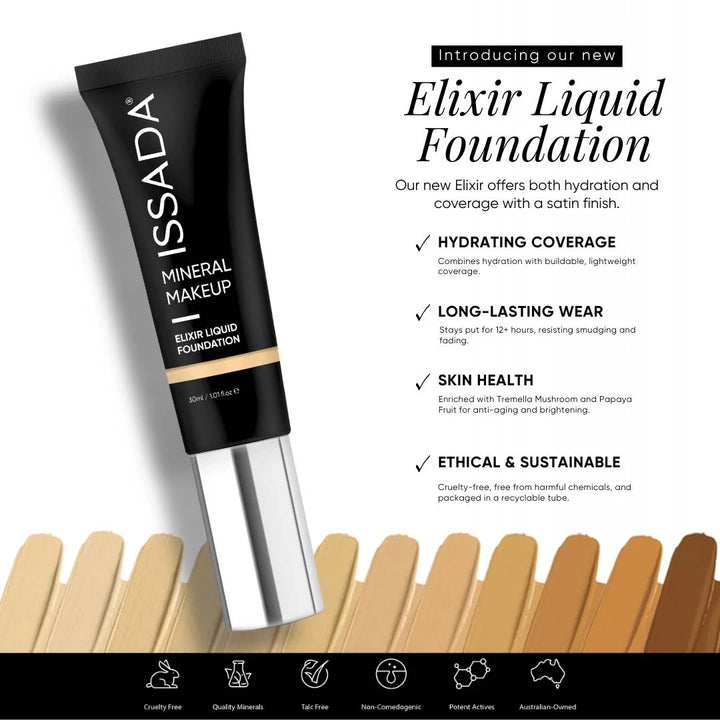 ISSADA Elixir Liquid Foundation tube with product features on a white background