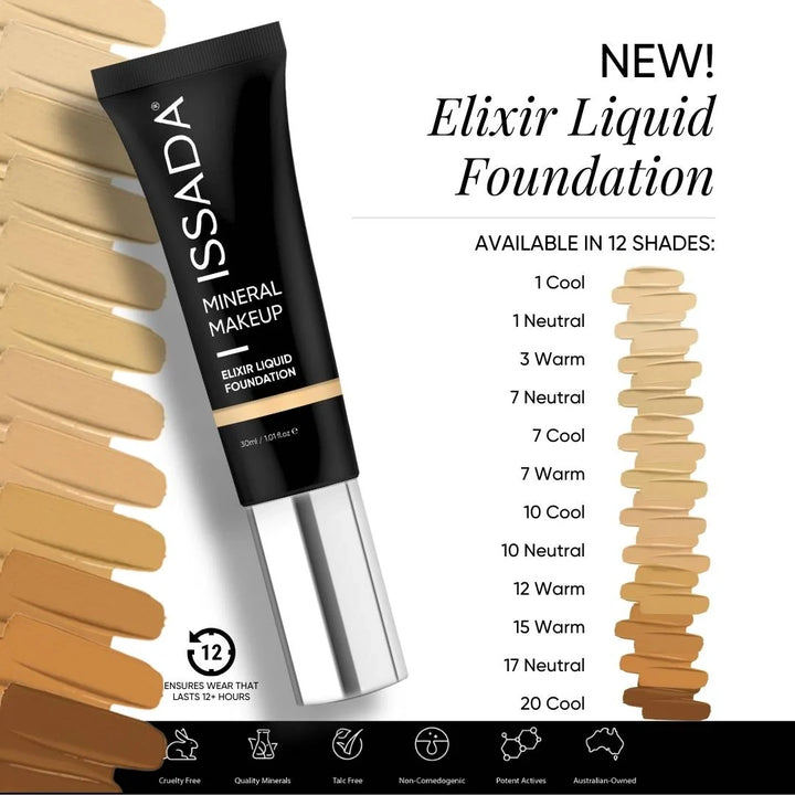 ISSADA Elixir Liquid Foundation tube with color swatches and shade chart on a white background