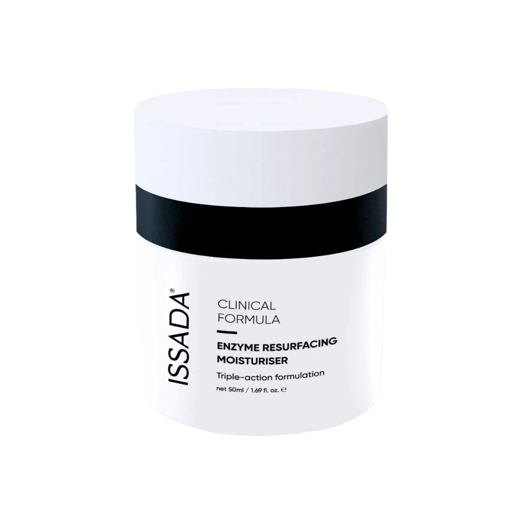 ISSADA Clinical Formula Enzyme Resurfacing Moisturiser, a triple-action formula that gently exfoliates, hydrates, and refines skin texture for a radiant finish.
