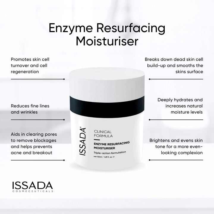 Issada Enzyme Resurfacing Moisturiser showing its benefits like smoother skin, fewer fine lines, clearer pores, and improved hydration.