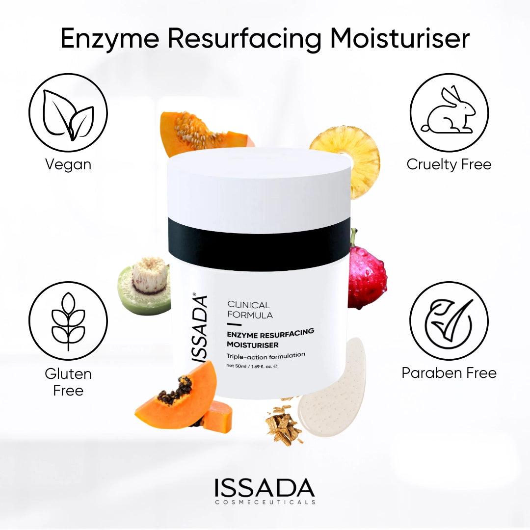 Issada Enzyme Resurfacing Moisturiser with icons showing it is vegan, cruelty free, gluten free, and paraben free.