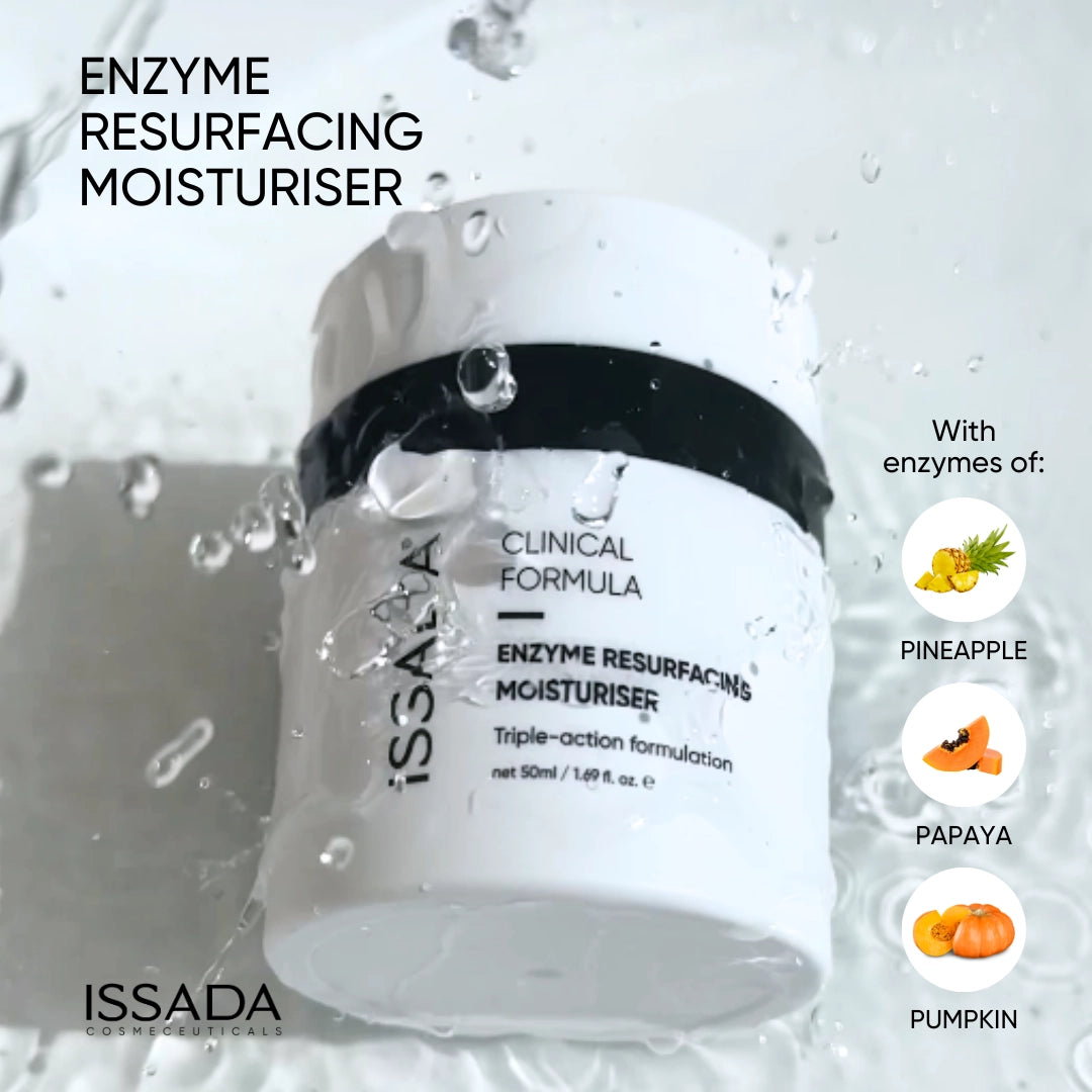 Issada Enzyme Resurfacing Moisturiser with water splash and natural fruit enzymes from pineapple, papaya, and pumpkin.