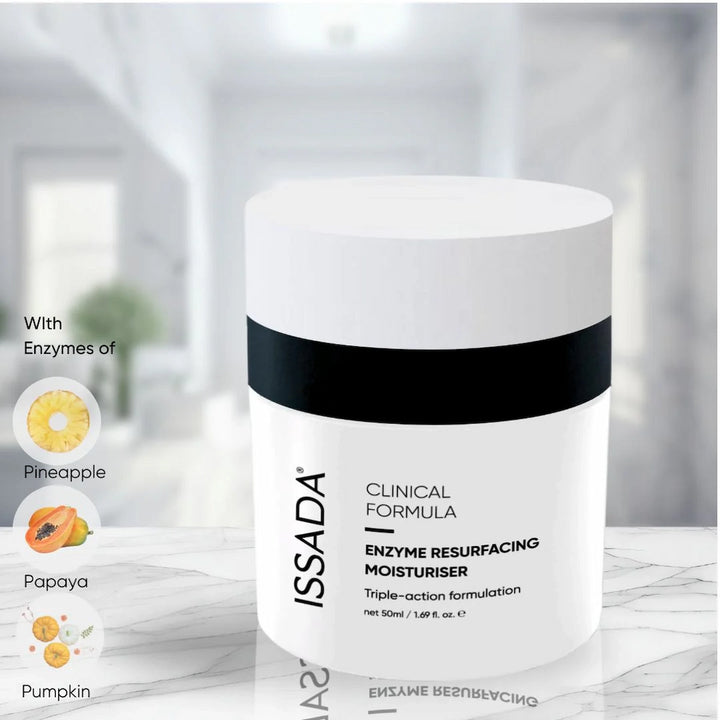 ISSADA Enzyme Resurfacing Moisturiser with ingredients displayed on a blurred background