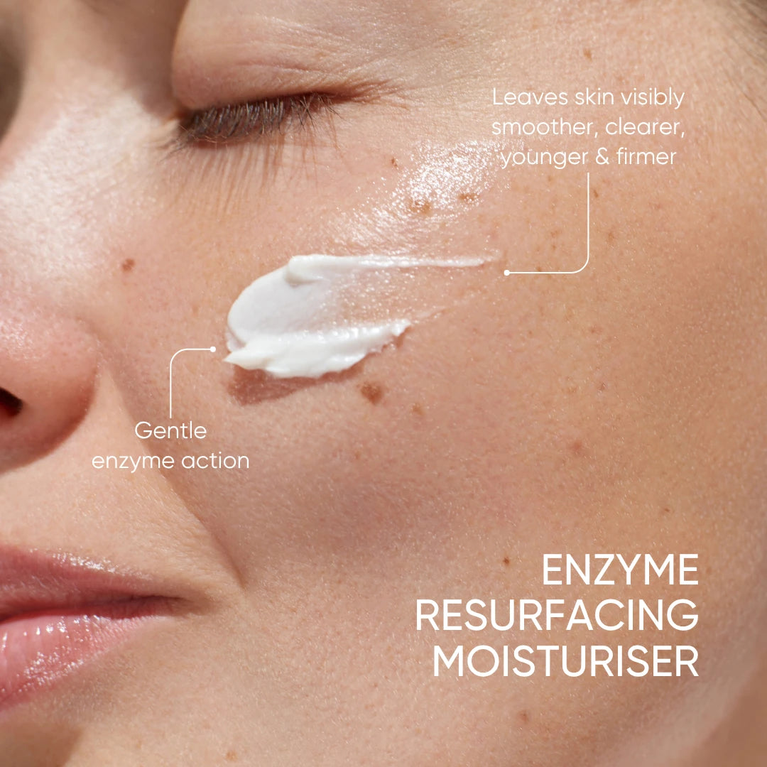 Issada Enzyme Resurfacing Moisturiser applied to skin showing gentle enzyme action for smoother, clearer, and firmer results.