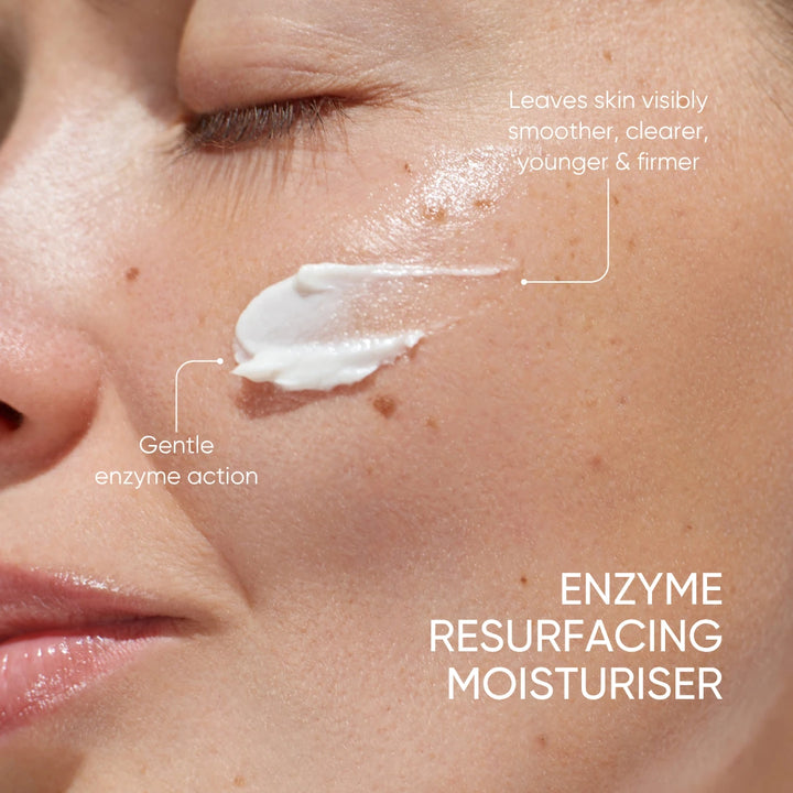 Issada Enzyme Resurfacing Moisturiser applied to skin showing gentle enzyme action for smoother, clearer, and firmer results.