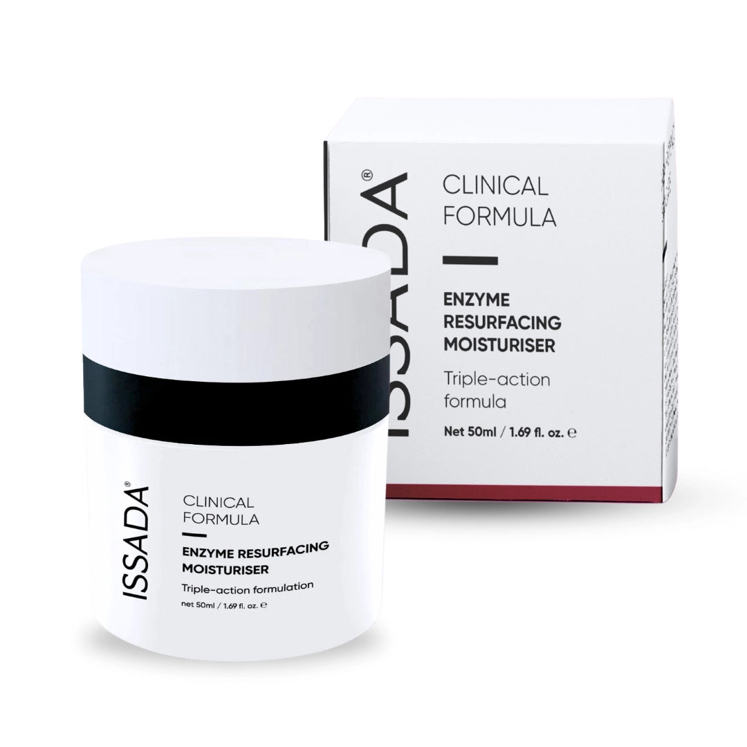 ISSADA Clinical Formula Enzyme Resurfacing Moisturiser with packaging box, a triple-action formula that smooths, exfoliates, and hydrates for refined, radiant skin.