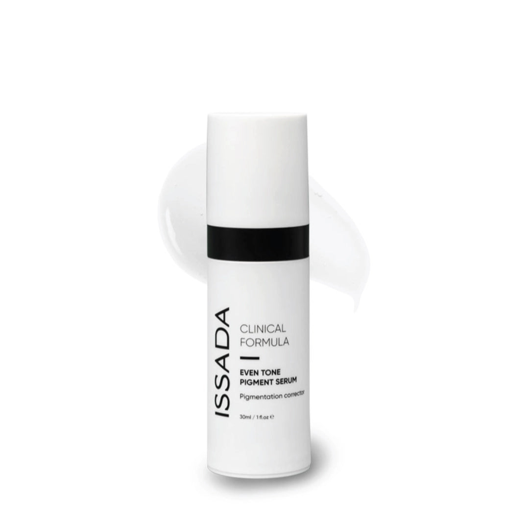 Issada Clinical Formula Even Tone Pigment Serum bottle with a white serum swatch background, highlighting its brightening and pigmentation-correcting properties.