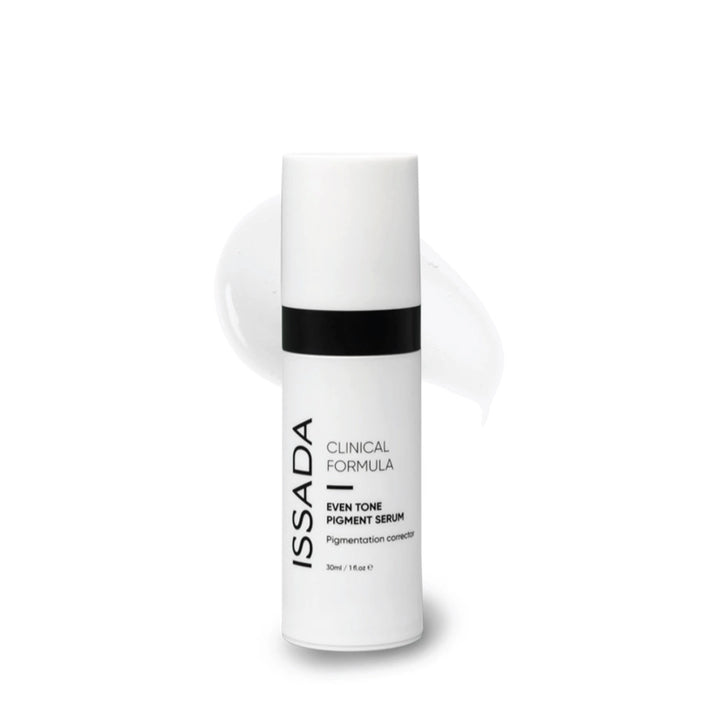 Issada Clinical Formula Even Tone Pigment Serum bottle with a white serum swatch background, highlighting its brightening and pigmentation-correcting properties.
