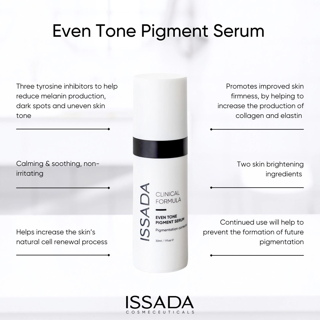 Issada Even Tone Pigment Serum standing upright with surrounding text highlighting skin brightening, collagen production, and pigmentation-reducing benefits.