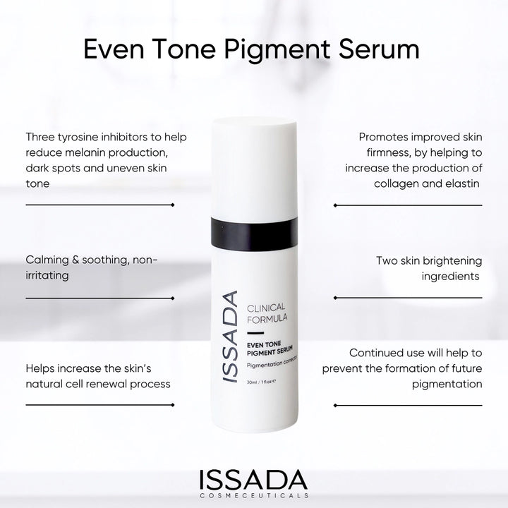 Issada Even Tone Pigment Serum standing upright with surrounding text highlighting skin brightening, collagen production, and pigmentation-reducing benefits.