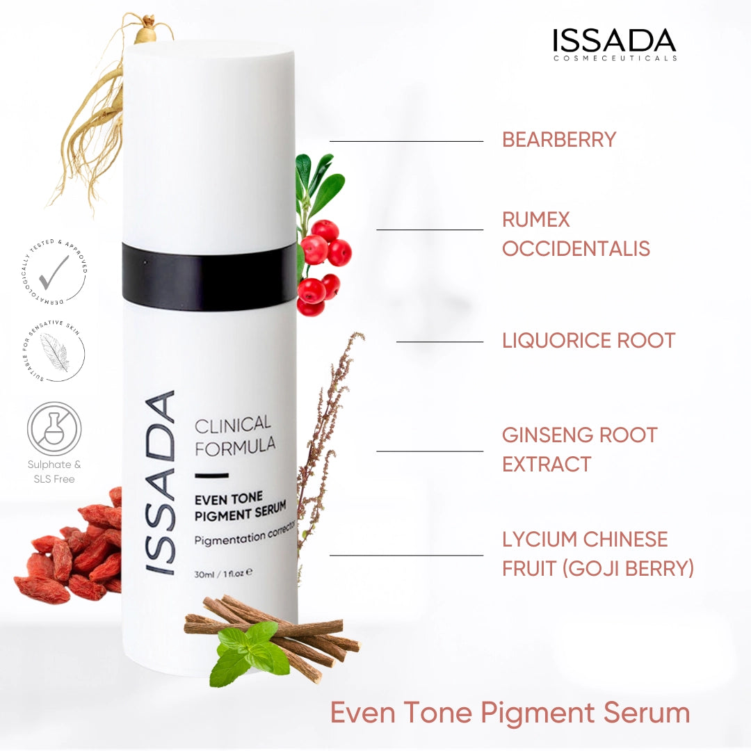 Issada Clinical Formula Even Tone Pigment Serum bottle with natural ingredients displayed, including Bearberry, Rumex Occidentalis, Liquorice Root, Ginseng Root Extract, and Goji Berry.