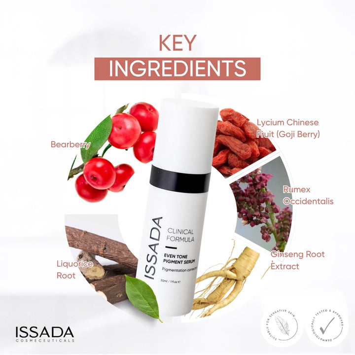 Issada Clinical Formula Even Tone Pigment Serum bottle surrounded by key ingredients including Bearberry, Goji Berry, Rumex Occidentalis, Liquorice Root, and Ginseng Root Extract.