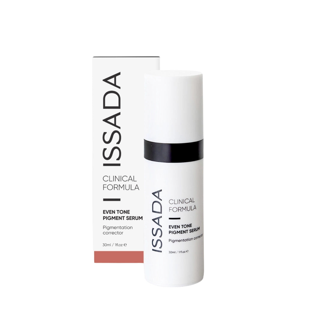 Issada Clinical Formula Even Tone Pigment Serum bottle with matching box packaging, a pigmentation corrector designed to even skin tone and brighten complexion.