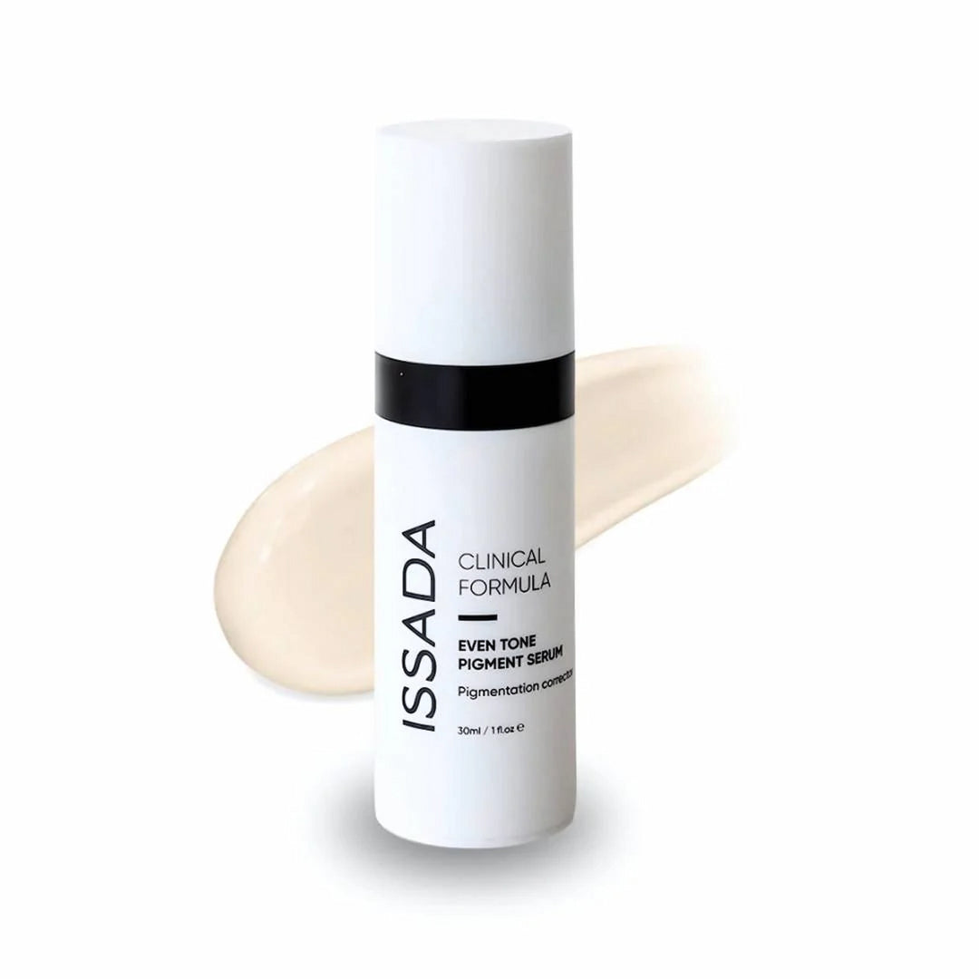 ISSADA Even Tone Pigment Serum with serum smear, on a white background