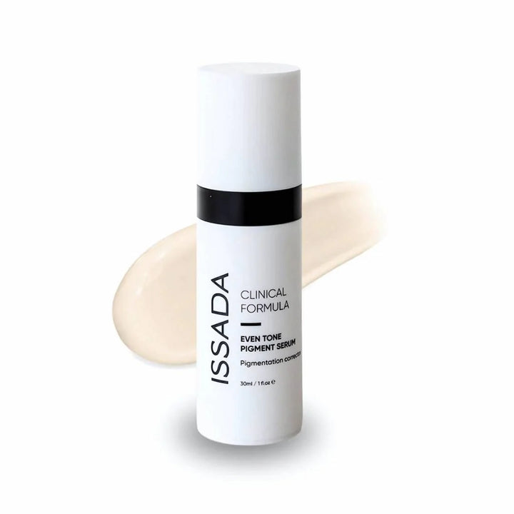 ISSADA Even Tone Pigment Serum with serum smear, on a white background
